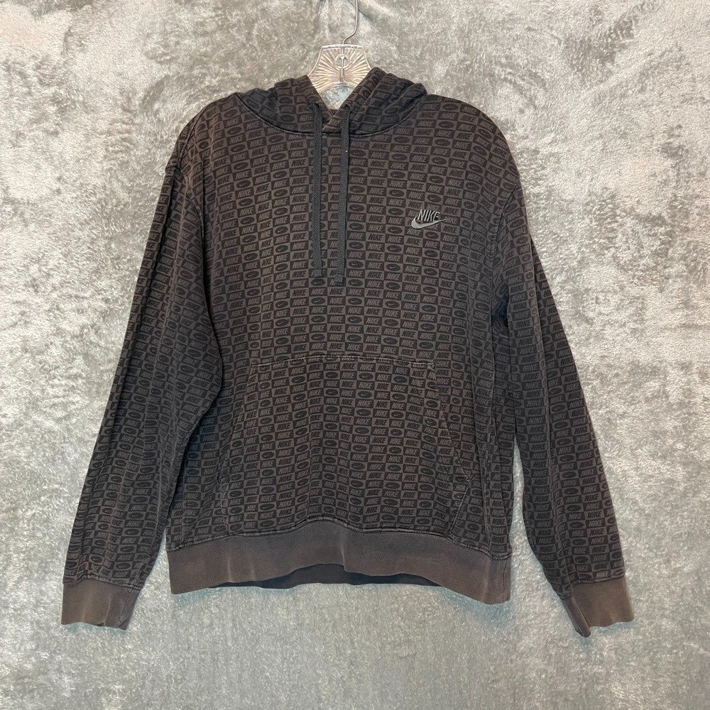 Nike Men Patterned Swoosh Logo Club Fleece Pullover Hoodie Faded Sweatshirt M